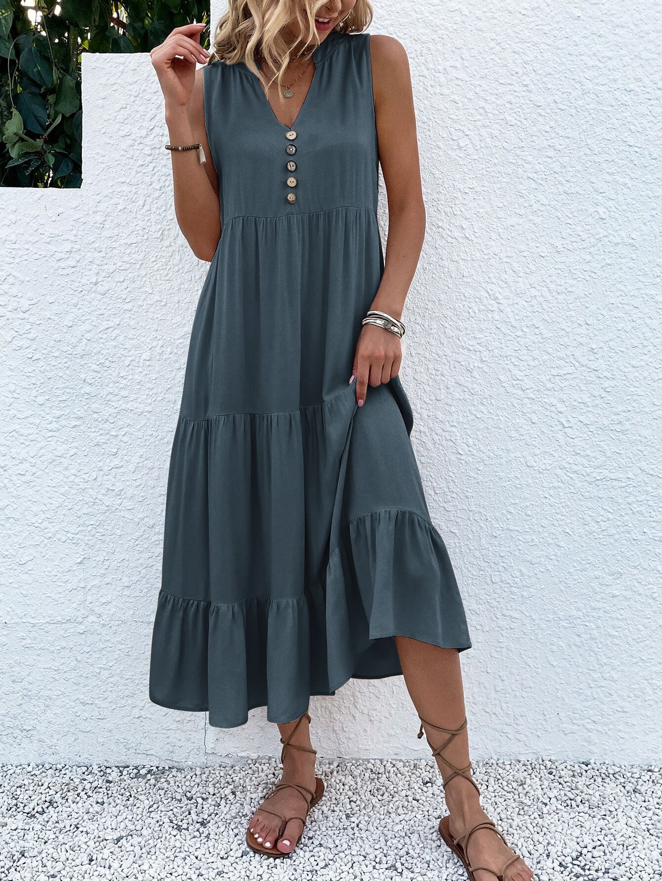 Button Detail Layered Hem Smock Dress